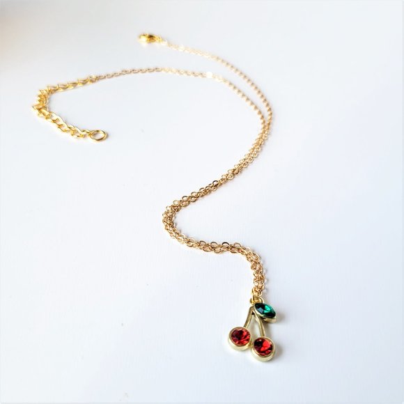 Red Cherry Necklace with Rhinestones Dainty Gold Chain Choker Y2K Jewelry - Picture 5 of 10